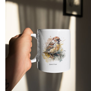 Tasse 2 Couleurs Moineau aquarelle rustique, personnalisé