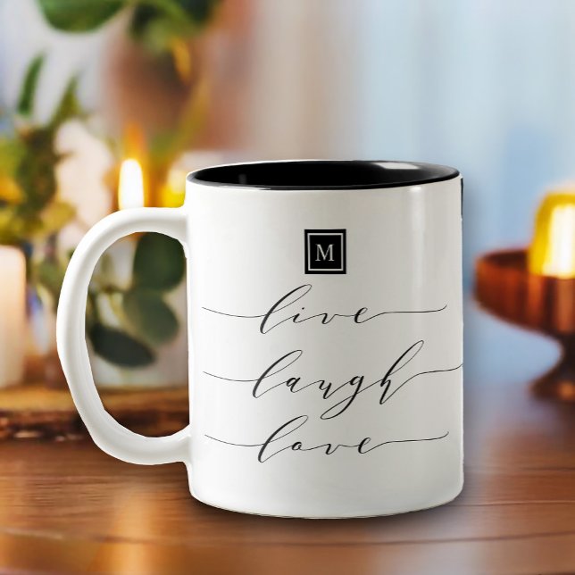 Tasse 2 Couleurs Monogram Live Laugh Love Citation Inspirationnelle (Inspire your day with this live, laugh, love typography-inspired design featuring a monogram square )