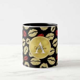 Tasse 2 Couleurs Monogramme Abstrait des lèvres noires d'or rouge
