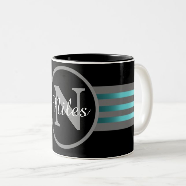 Tasse 2 Couleurs Monogramme Cercle Silhouette Gris et Noir (Devant droit)