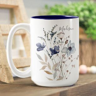 Tasse 2 Couleurs Monogramme Chic Joli Aquarelle Bleu Floral