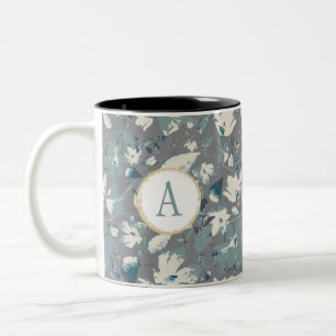 Tasse 2 Couleurs Monogramme Clematis Gris Bleu Aquarelle Fleurs