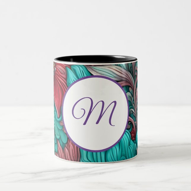 Tasse 2 Couleurs Monogramme, Cyan Blue Red Flowers (Centre)