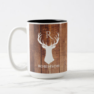 Tasse 2 Couleurs Monogramme de famille rustique en bois de cerf