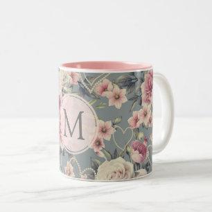 Tasse 2 Couleurs Monogramme de roses roses et de coeurs de perle