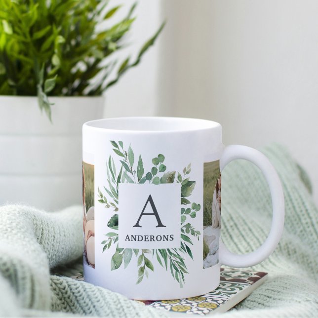 Tasse 2 Couleurs Monogramme deux photos | Cadre de verdure personna (Créateur téléchargé)