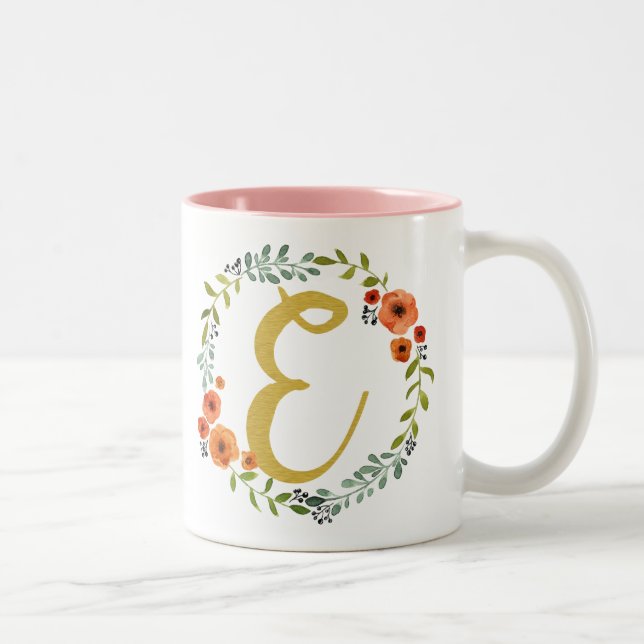 Tasse 2 Couleurs Monogramme d'or des fleurs E initial (Droit)