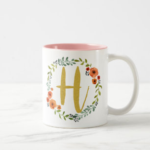 Tasse 2 Couleurs Monogramme d'or des fleurs H initial
