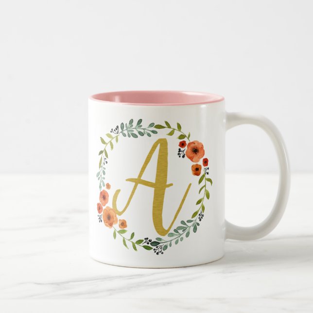Tasse 2 Couleurs Monogramme d'or floral initial A (Droit)