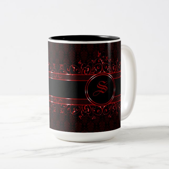 Tasse 2 Couleurs Monogramme gothique orné noir et rouge (Devant droit)