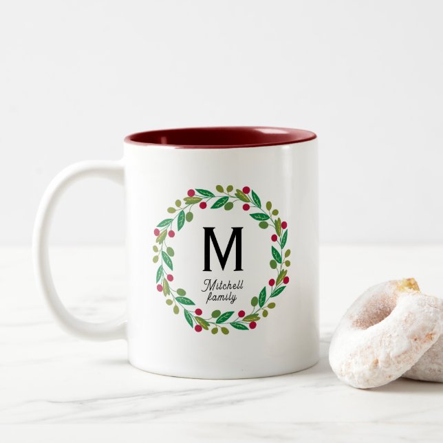 Tasse 2 Couleurs Monogramme initial - Noël (Avec donut)