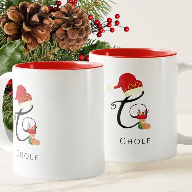 Tasse 2 Couleurs Monogramme Nom moderne Script Lettre C Noël (Créateur téléchargé)
