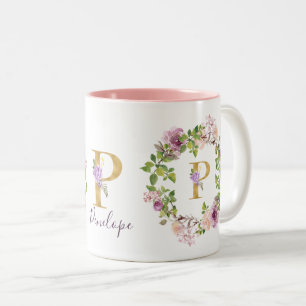 Tasse 2 Couleurs Monogramme Or moderne P Aquarelle Florale Wreath