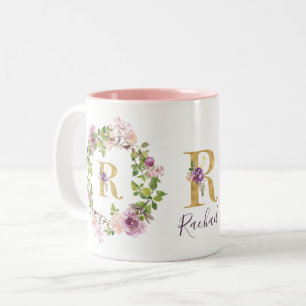 Tasse 2 Couleurs Monogramme or moderne R Aquarelle Florale Wreath