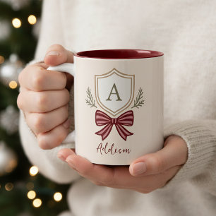 Tasse 2 Couleurs Monogramme personnalisé Nom initial Bow Noël