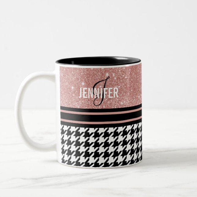 Tasse 2 Couleurs Monogramme rose or parties scintillant houndstooth (Gauche)