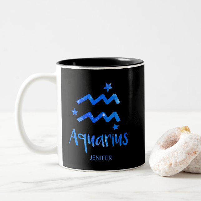 Tasse 2 Couleurs Monogramme, signe zodiaque, Aquarius avec galaxie  (Avec donut)