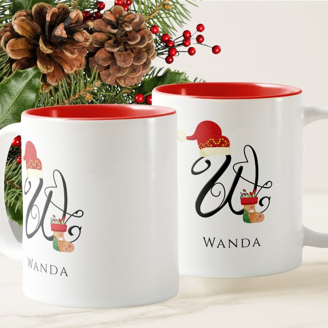Tasse 2 Couleurs Monogramme W Initial Élégant Moderne Noël Script (Créateur téléchargé)
