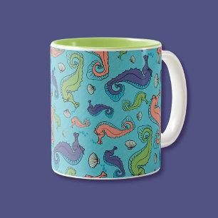 Tasse 2 Couleurs Motif de Cartoon Vibrant Seahores et Coques