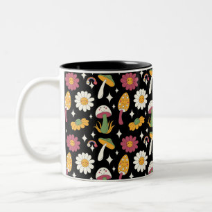 Tasse 2 Couleurs Motif de champignon noir, arc-en-ciel et marguerit