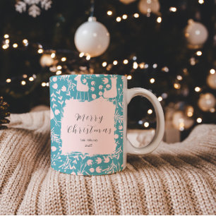 Tasse 2 Couleurs Motif de Noël Floral Renne Nordique Rose sur Fon