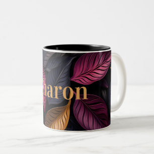 Tasse 2 Couleurs motif feuille foncé élégant avec nom doré