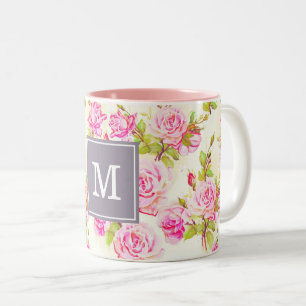 Tasse 2 Couleurs Motif floral personnalisé Vieux Rose Monogramme M