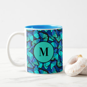 Tasse 2 Couleurs Motif papillon bleu bleu élégant Monogramme