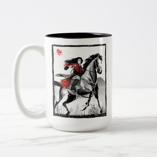 Tasse 2 Couleurs Mulan Riding Vent Noir encadré Aquarelle (Gauche)