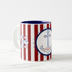 Tasse 2 Couleurs Nautique Thème Ancre Poisson Voile Bleu Rouge Blan