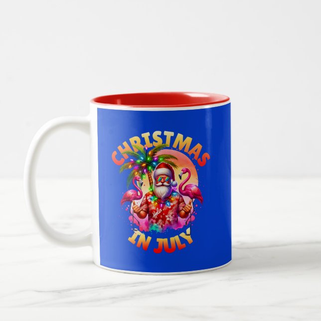 Tasse 2 Couleurs Noël tropical en juillet Palmiers & Flamants roses (Gauche)