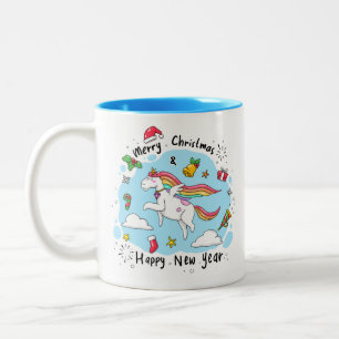 Tasse 2 Couleurs Noël Unicorne Doodle Bleu