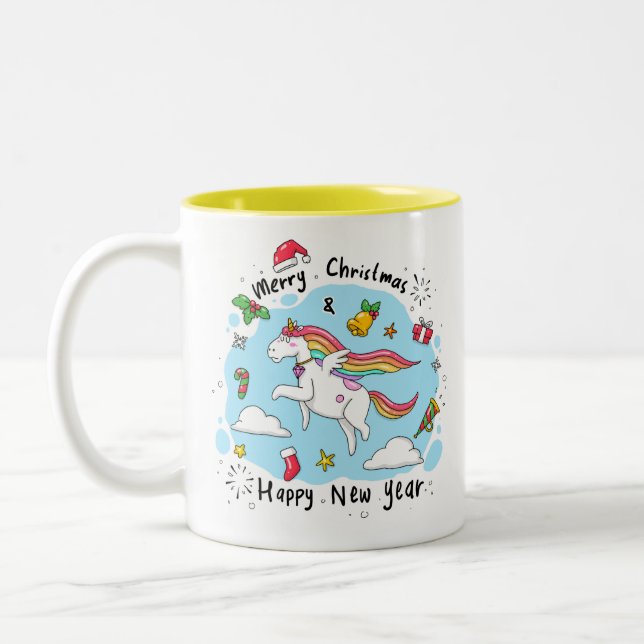 Tasse 2 Couleurs Noël Unicorne Doodle Jaune (Gauche)