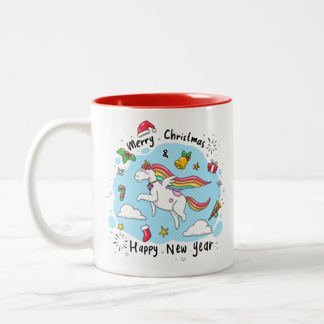 Tasse 2 Couleurs Noël Unicorne Doodle Rouge (Gauche)