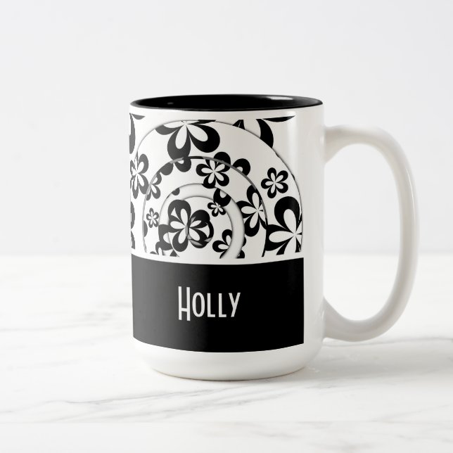 Tasse 2 Couleurs Noir & Blanc Moderne Personnalisé, Anneaux & Fleur (Droit)