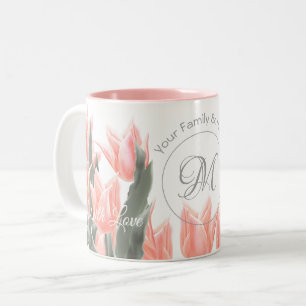 Tasse 2 Couleurs Nom De Famille Élégant Monogramme Peach Tulips P