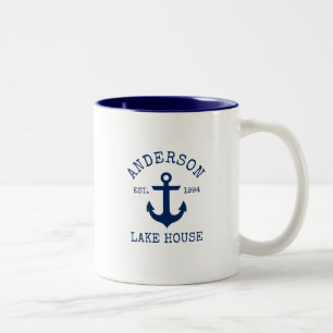 Tasse 2 Couleurs Nom de famille nautique Lake House Ancre bleue B