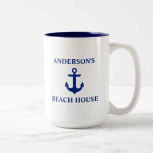 Tasse 2 Couleurs Nom de famille nautique Maison de plage Ancre Bleu