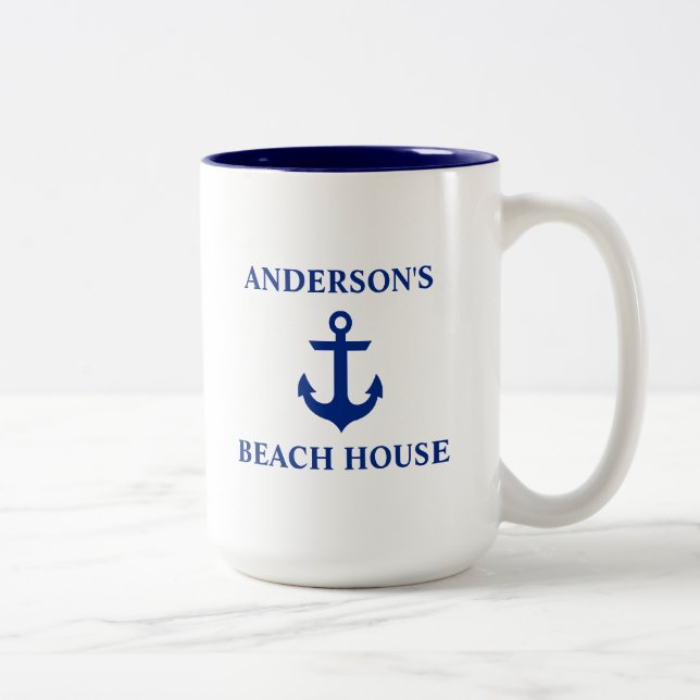 Tasse 2 Couleurs Nom de famille nautique Maison de plage Ancre Bleu (Droit)