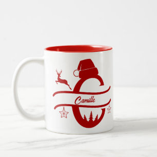 Tasse 2 Couleurs Nom de la lettre Santa Hat   Monogramme   Initiale