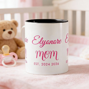 Tasse 2 Couleurs Nom de maman personnalisé Deux Date Rose Script
