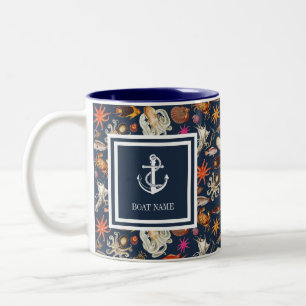 Tasse 2 Couleurs Nom du bateau Marine Vie marine bleue Ancre nautiq
