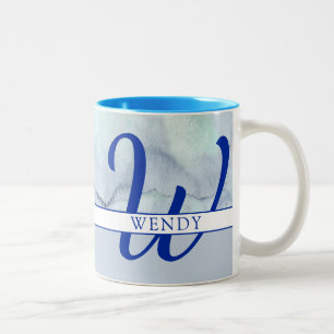 Tasse 2 Couleurs Nom du monogramme Aquarelle bleue