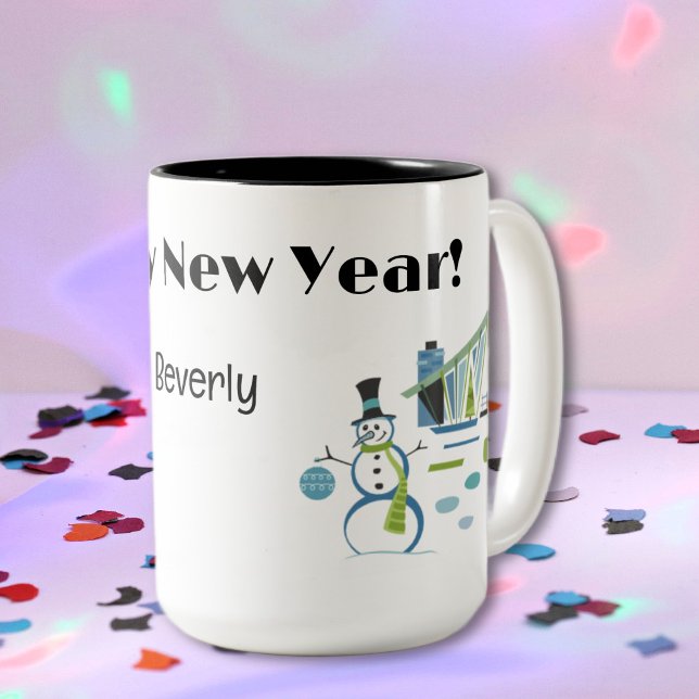 Tasse 2 Couleurs Nom, Joyeux Nouvel An Rétro 15oz. (Créateur téléchargé)
