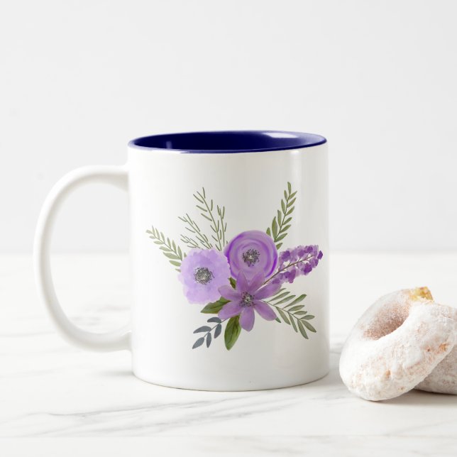 Tasse 2 Couleurs Nom + Lavande violette Aquarelle Florale Fleurs  (Avec donut)