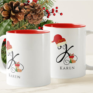 Tasse 2 Couleurs Nom Monogramme moderne Script Lettre K Noël