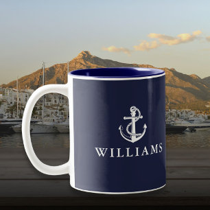 Tasse 2 Couleurs Nom personnalisé bleu marine Ancre nautique