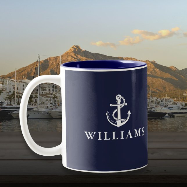 Tasse 2 Couleurs Nom personnalisé bleu marine Ancre nautique (Navy Blue Custom Name Nautical Boat Anchor Two-Tone Coffee Mug)