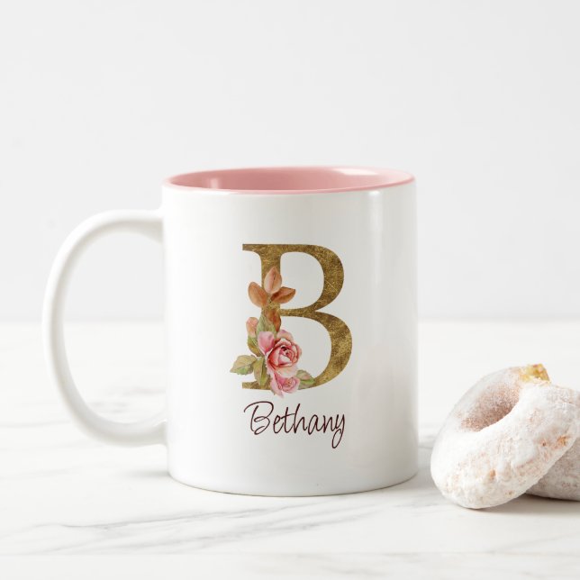 Tasse 2 Couleurs Nom personnalisé Blush Rose Lettre B en or (Avec donut)