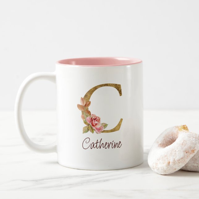 Tasse 2 Couleurs Nom personnalisé Blush Roses Rose lettre C en or (Avec donut)